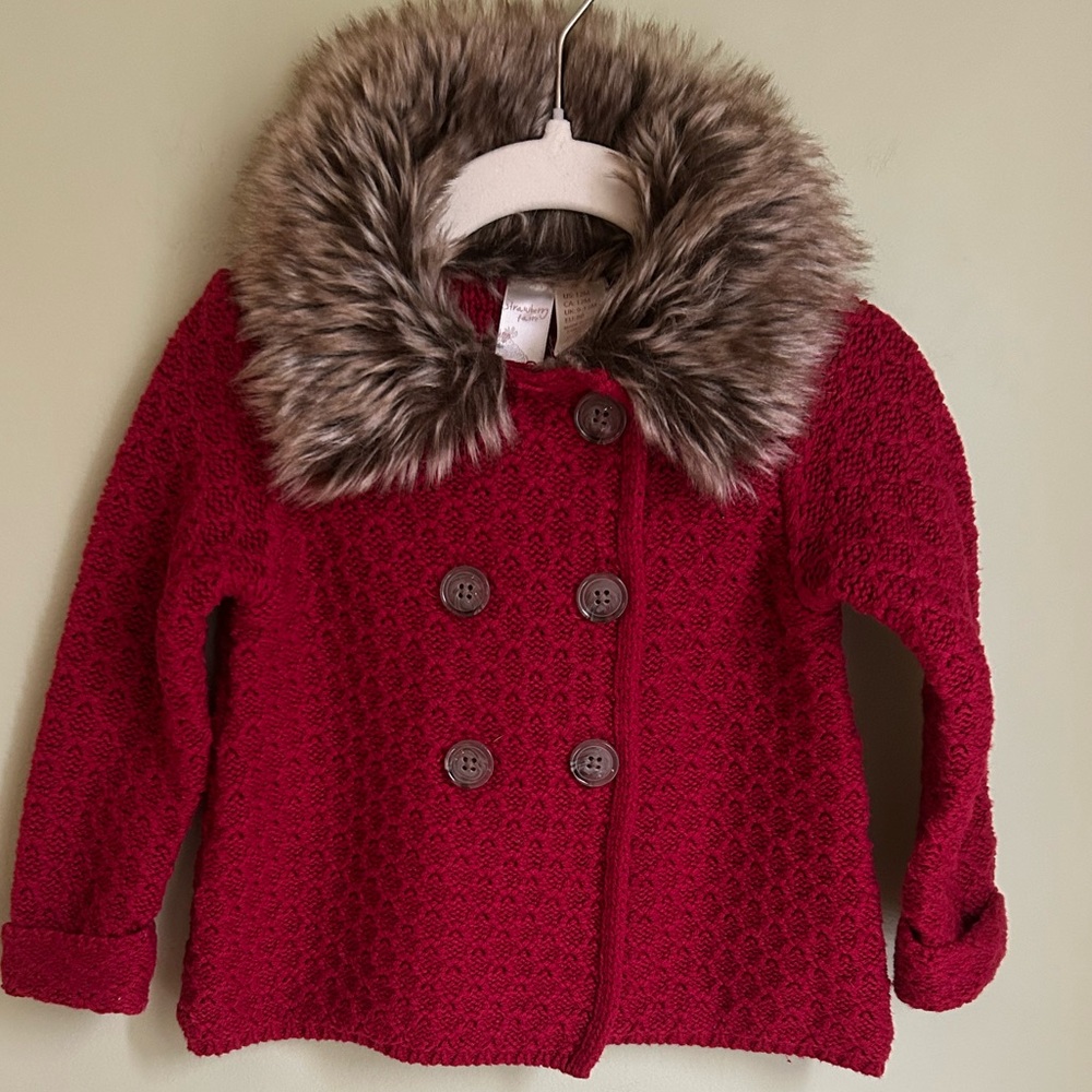 Strawberry Faire 12 mos red knit sweater/fake fur collar.6 button/double breast
